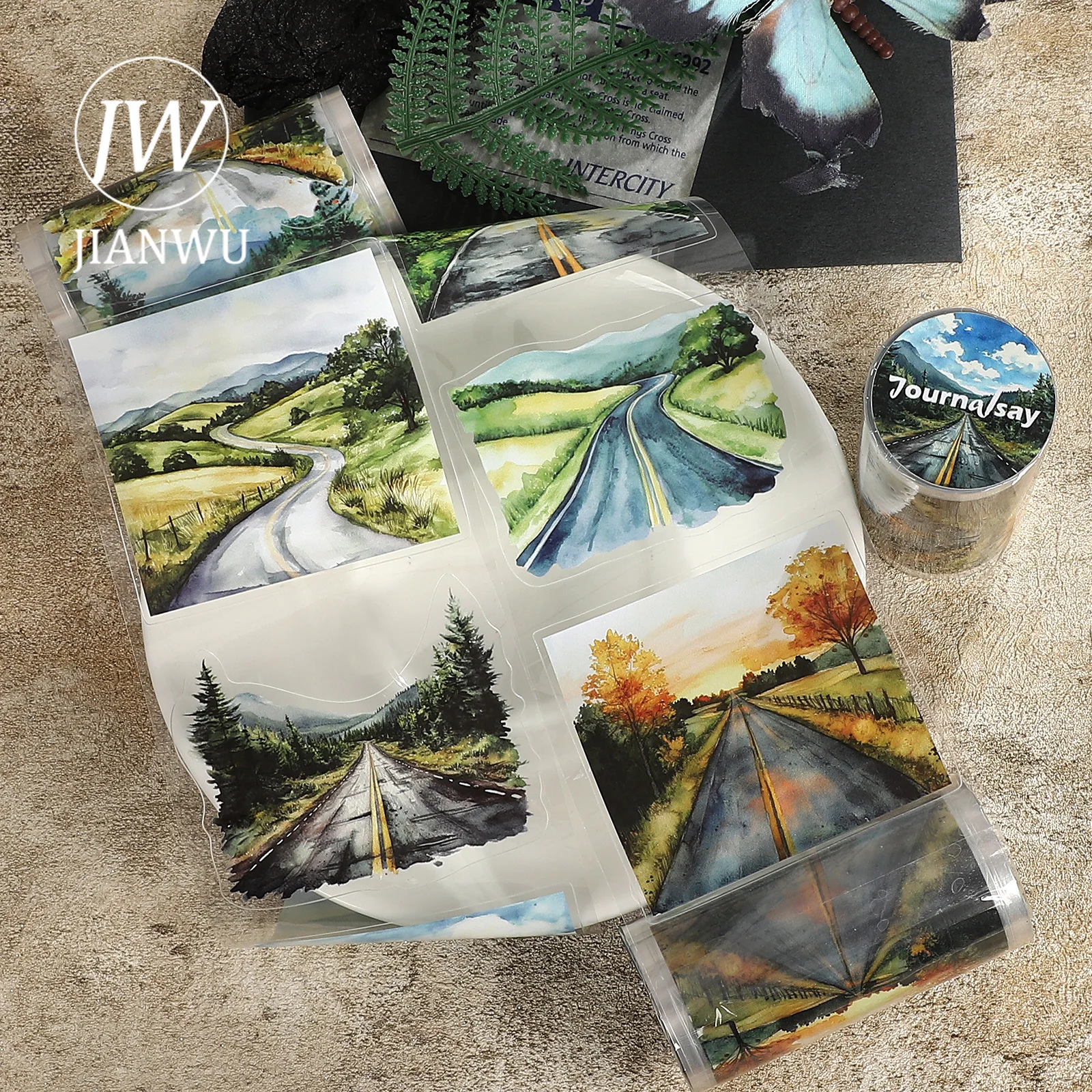 JIANWU 80mm*200cm Vintage Tree Highway Landscape Material Collage Scrapbooking PET Tape Creative DIY Journal Stationery