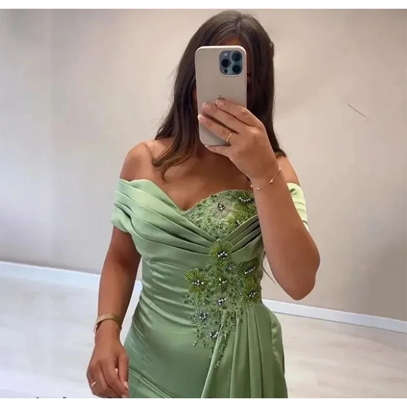 2024 Grass Green Mermaid Evening Dresses Off Shoulder Lace Appliques Beads Women Mermaid Formal Prom Gowns Robe De Soiree