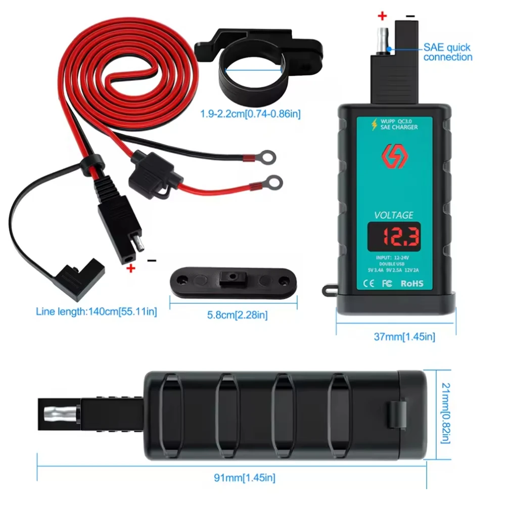 IP66 Waterproof Motorcycle Dual USB & Type-C , Fast Charging QC3.0, 12V-24V Voltmeter With On/Off Switch For Phones view 2