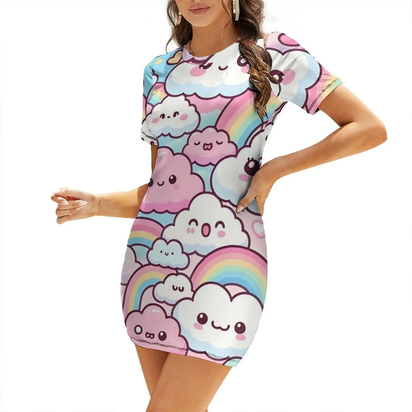 

Kawaii Clouds and Rainbows, in Pastel Shades Short-Sleeved Dress Casual dresses womens clothing womans clothing