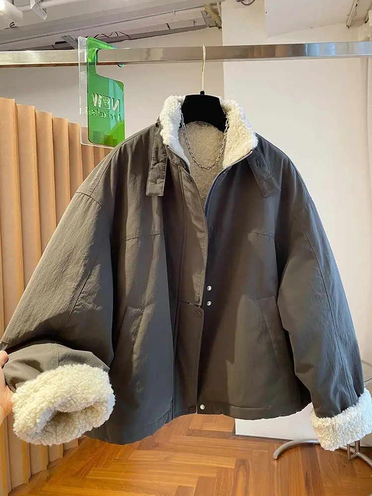 

Fashion Workwear Patchwork Furry Cotton Coat Women Loose Casual Overcoat Winter 2025 New