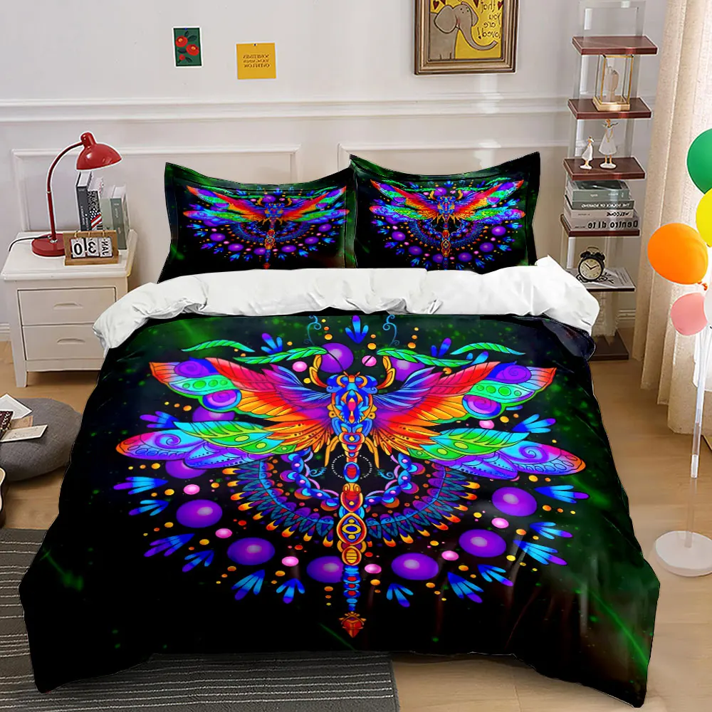 Colorful Dragonfly Pattern Set Decoration Bedding Set with 1 Duvet Cover 2 Pillowcases Single Double King Queen, Gift