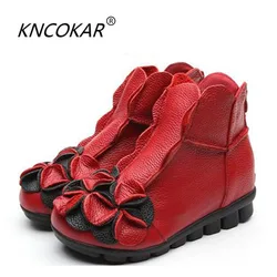 Leather boots pure manual comfortable shoes, soft bottom ethnic women casual shoes with flat fashionable flower wind short boots