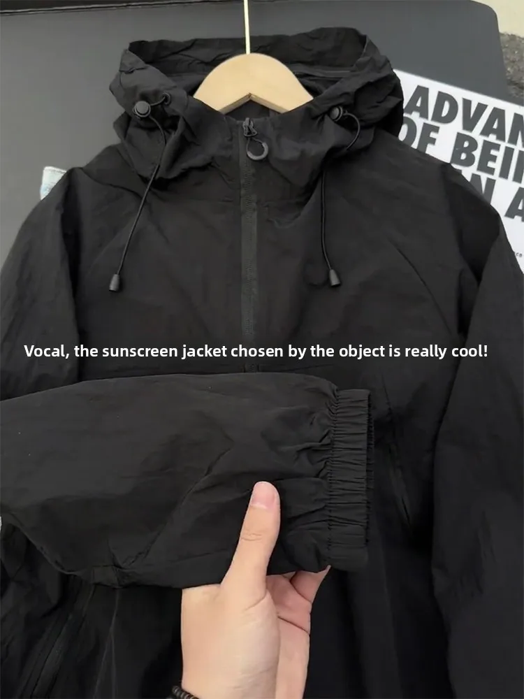Black Quick Dry Men's Outdoor Jacket Summer UV Protection Hat Integrated Fleece Windproof Breathable Cycling Coat