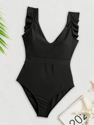 One Piece 2024 New Swimsuit Women Ruffled V-neck Swimwear Backless Bathing Suit Monokini Sexy Summer Beach Wear Tight Bodysuit L