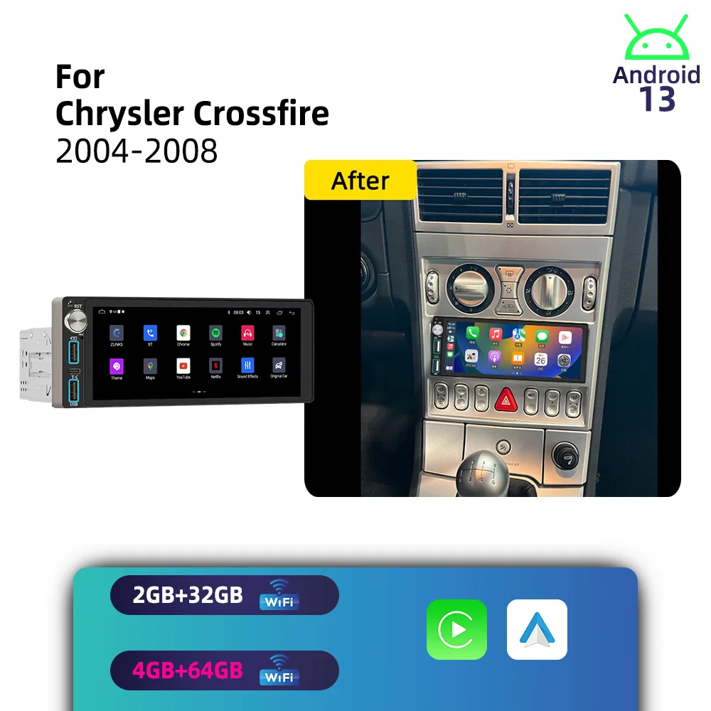 Android 1Din Car Stereo 6.86 Screen for Chrysler Crossfire 2004-2008 CarPlay GPS Navigation Multimedia Autoradio Radio Head Unit