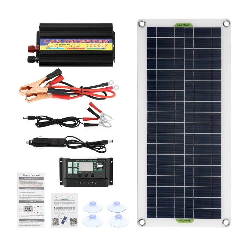 

30W Solar Panel + 1000W Inverter + 60A/40A Controller Set 220V Charging Household Dual USB Solar-Emergency Electric Power Source