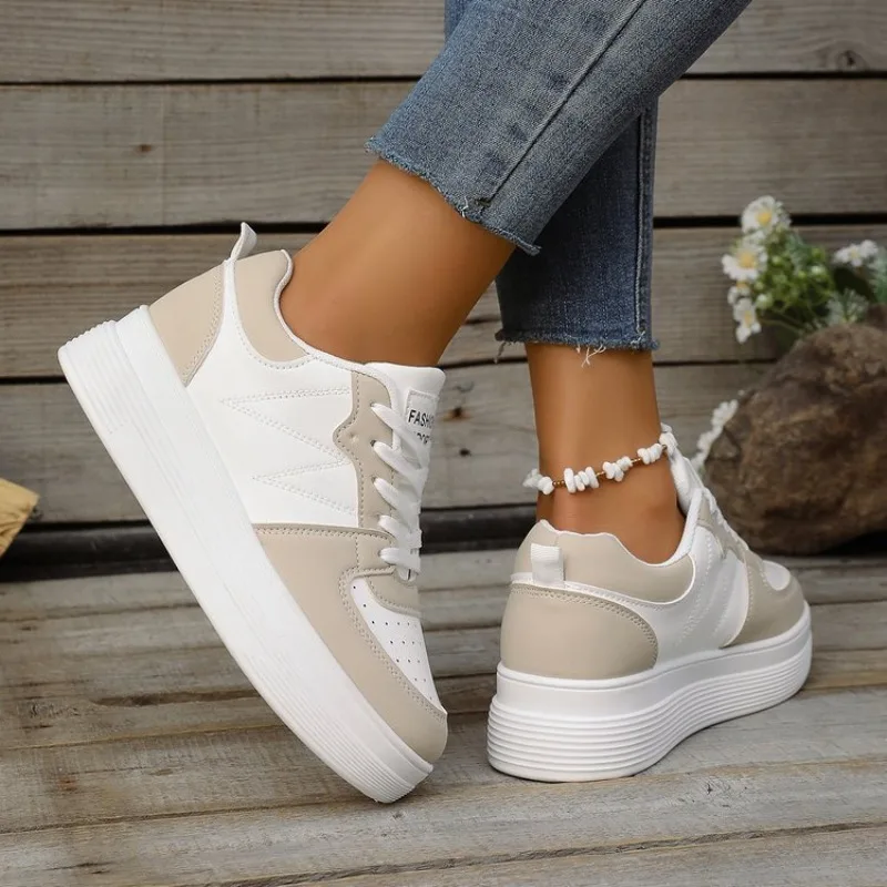 Women's Platform Sneakers Round Toe Chunky Lace-Up Casual Shoes Perforated Smooth Surface Finish Daily Outdoor Walking Footwear view 3