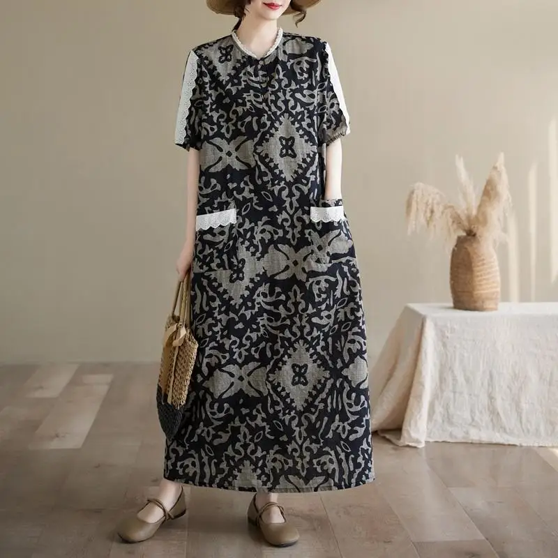 

Short Sleeve Plus Size Cotton Linen Vintage Floral Midi Loose Long Dresses with Pocket Korean Japan Mori Women wide Summer Dress