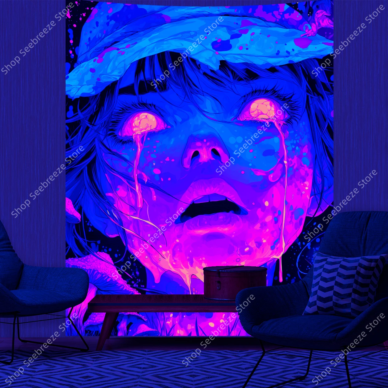 Vibrant Melting Face Art UV Tapestry with Psychedelic Dripping Paint for Bohemian Room Office Decor Festival Wall Hanging