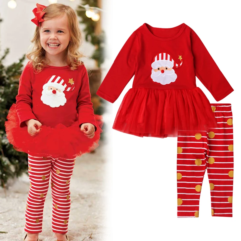 Children\'s Christmas suit girls Santa Claus long-sleeved striped trousers skirt suit two-piece spring and autumn