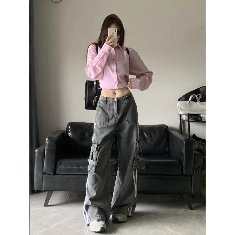 

Deeptown Y2k Baggy Cargo Jeans Woman Striped Vintage Oversized Denim Pants Korean Fashion Trousers Streetwear Wide High Waist