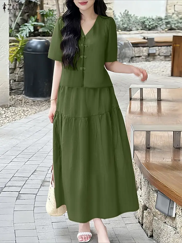 ZANZEA Pakaian Wanita Bergaya Musim Panas Set 2 Potong Blus Lengan Pendek Kerah V Gaun Setelan Elegan Polos OL Pakaian Kerja Tracksuit Ukuran Besar