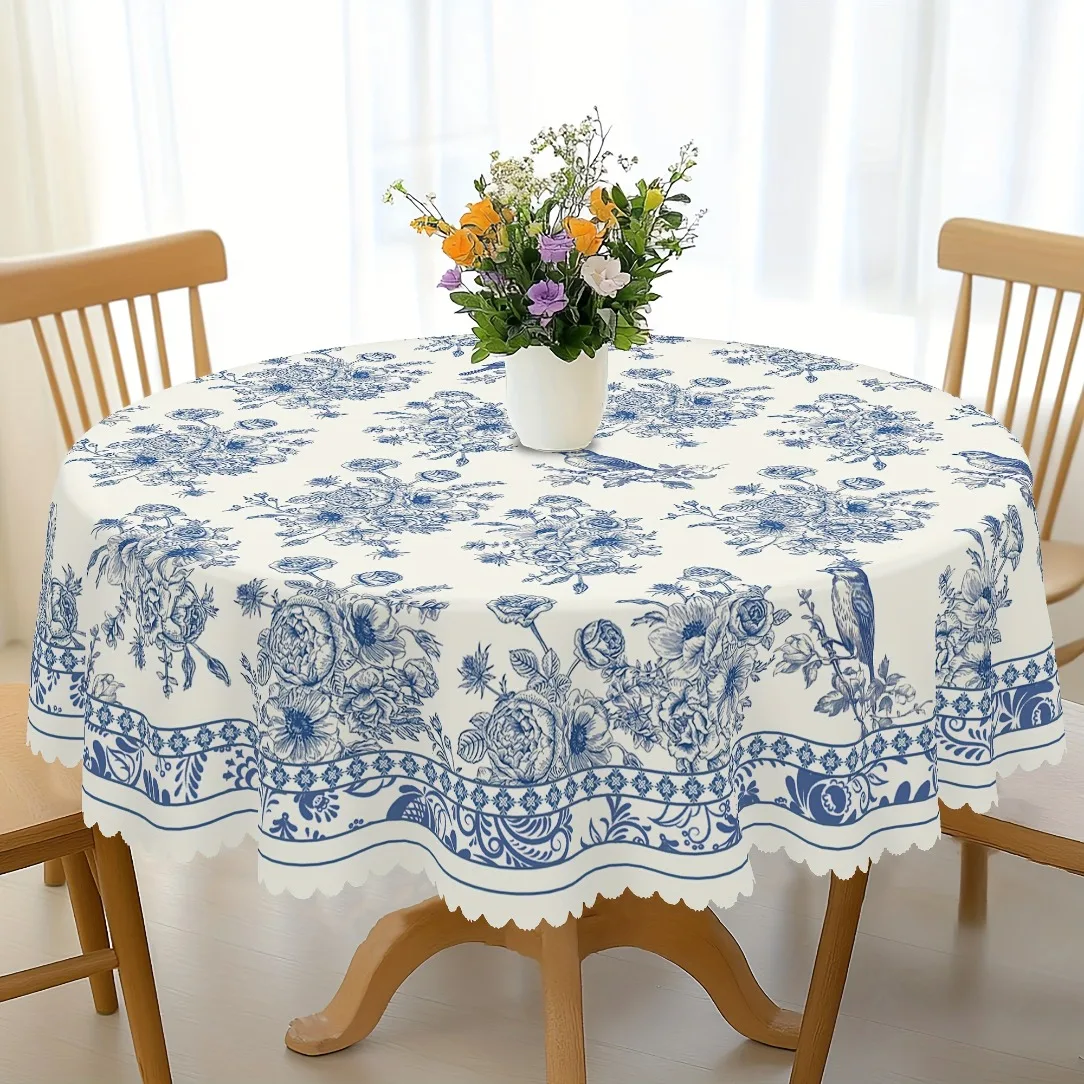 A 2D flat tablecloth with a vintage porcelain pattern, suitable for a festive party, and for outdoor decoration.