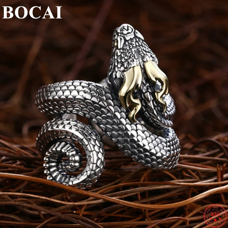 

BOCAI S925 Sterling Silver Rings for Men New Fashion Flame Horn Snake Pure Argentum Punk Domineering Hand Jewelry