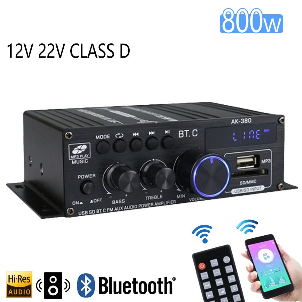 

AK380 800W Bluetooth Amplifier HiFi Audio Karaoke Home Theater Amplifier 2 Channel Power Class D Amplifier USB SD AUX Brand New