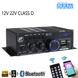 AK380 Amplificador de Áudio HiFi Bluetooth, Karaoke, Home Theater, Potência de 2 Canais, Classe D, USB, SD, AUX, Novo, 800W