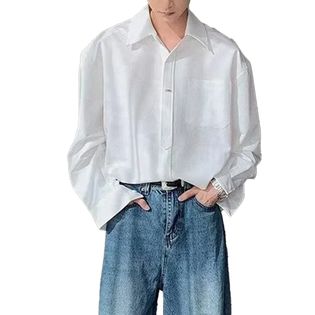 

Daily Use Black Korean Long Sleeve Shirt Solid Color Long Sleeve Shirt Streetwear Loose Fit Shirt Party Attire