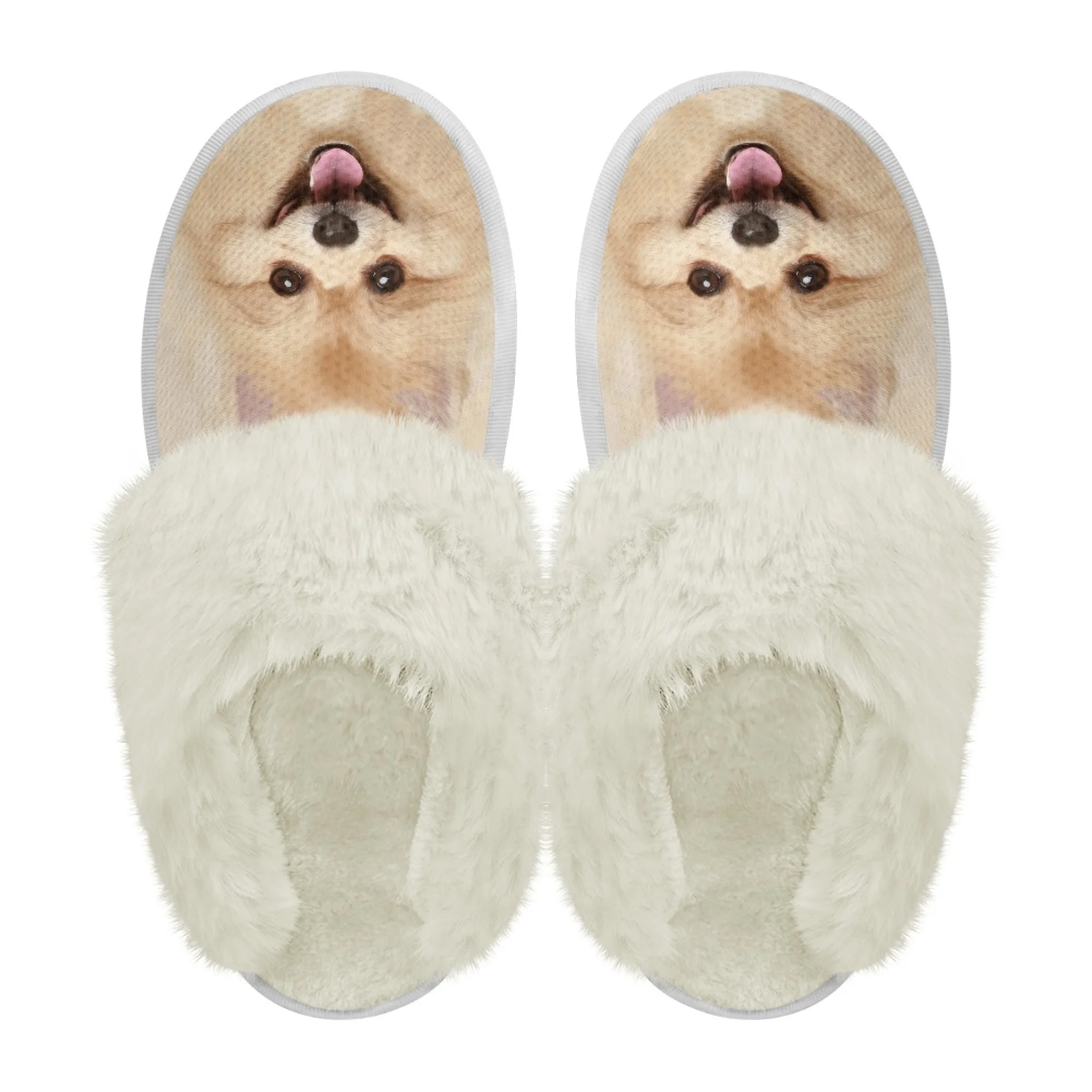 INSTANTARTS Women Flat Fuzzy Slippers Cute Golden Puppy Printing Soft Non Slip Comfortable Indoor Winter Warm Shoes