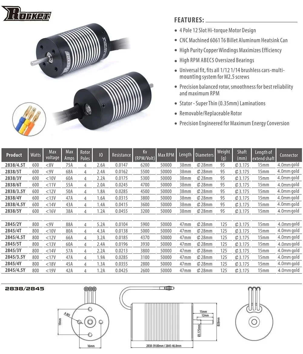 Wodoodporny bezszczotkowy silnik bezczujnikowy Rocket 2845 3100-5000KV dla 1/12 1/14 RC Car Traxxas Wltoys 12428 10428 Axial Tamiya HSP