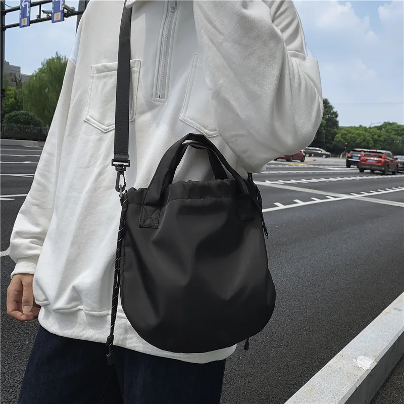 Shoulder bag men\'s ins tide bag simple drawstring nylon satchel street trend light sports bag Korean version