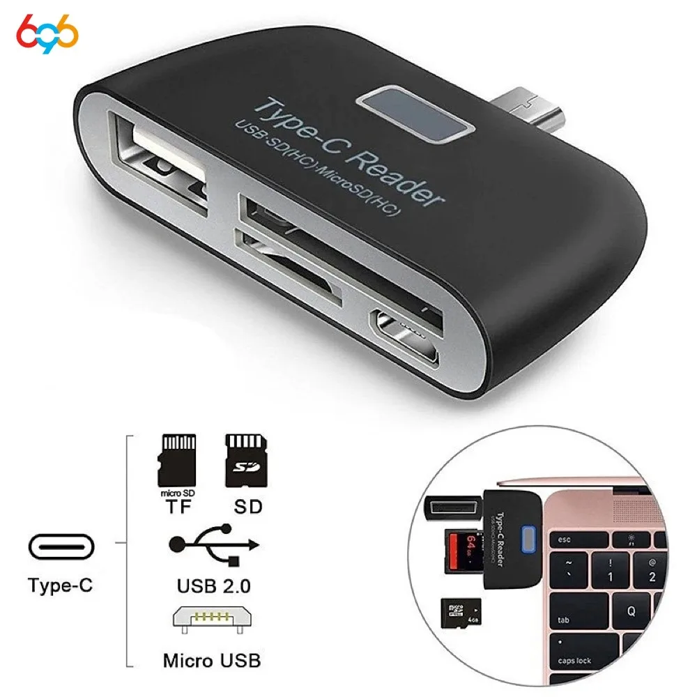 

Многофункциональный USB 2.0 кардридер 4-в-1 для ноутбуков и ПК: считыватель карт памяти TF/SD/Micro USB, совместимый с Android-телефонами (OTG)