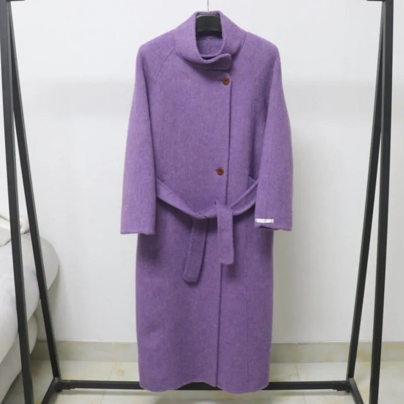 

Women's Autumn Winter Long Sleeve Turtleneck Loose Wool Long Coat Lady Streetwear Solid Color Wool Outwear With Sashes