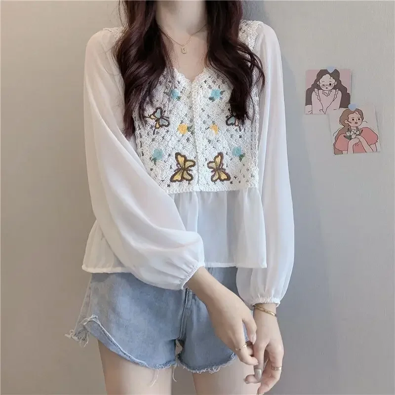 V-neck Shirt Long Sleeve Retro Chiffon Shirt Women Crop Tops Korean Fashion Jacket Summer Autumn Embroidery Crochet Streetwear