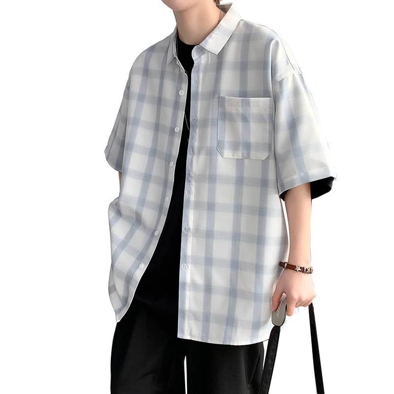 Retro High Street Harajuku Luxury Comfort Men's Summer Shirt Plaid Short Sleeve Loose Casual Checkered Oversized Male Shirts