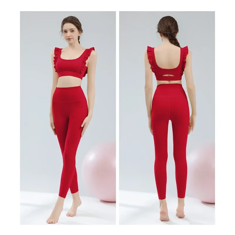 

Tank Top Set for Women 2024 New Style Ruffled Back Sports Sexy Top, High Waist Fitness Leggings Set