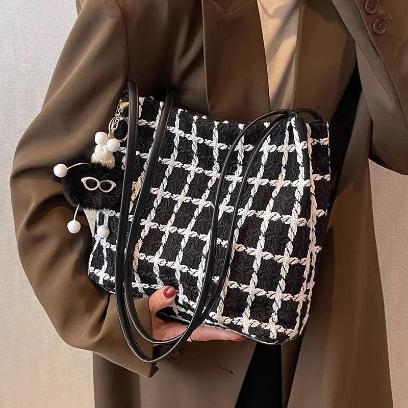 2023 Trend Tweed wiadro Plaid torby na ramię dla nastoletnich dziewcząt kobiet Messenger torby torebka damska Crossbody codzienna kopertówka