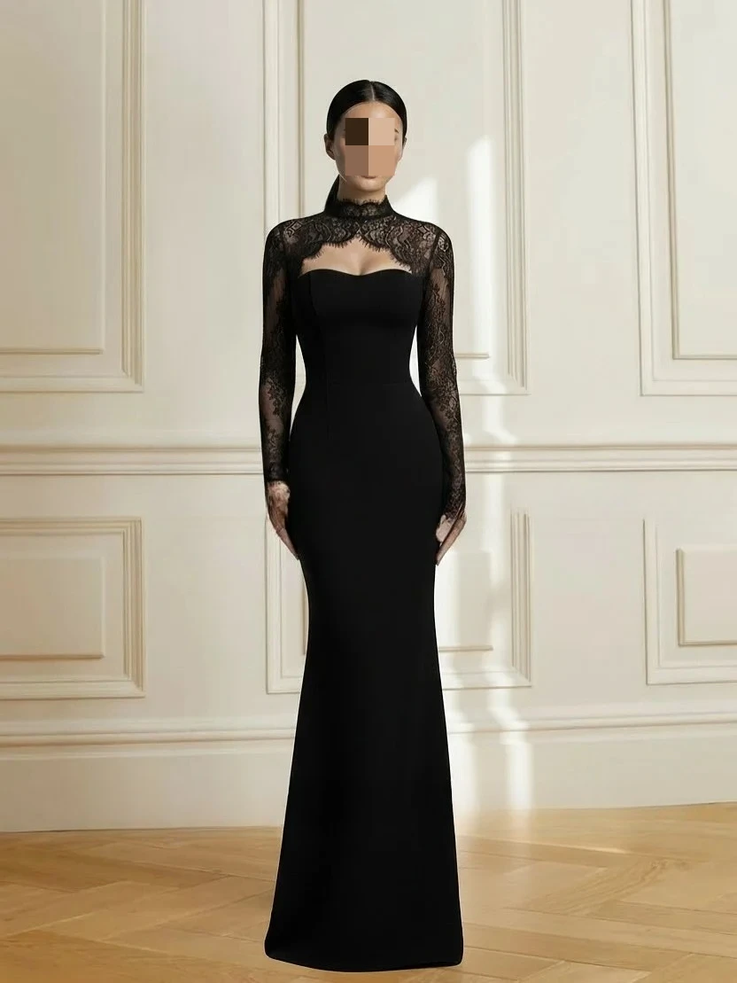 Thinyfull Mermaid Arab Black Prom Dresses Satin/Lace Long Sleeves Evening Party Gown Formal Dress robes de soirée Customized