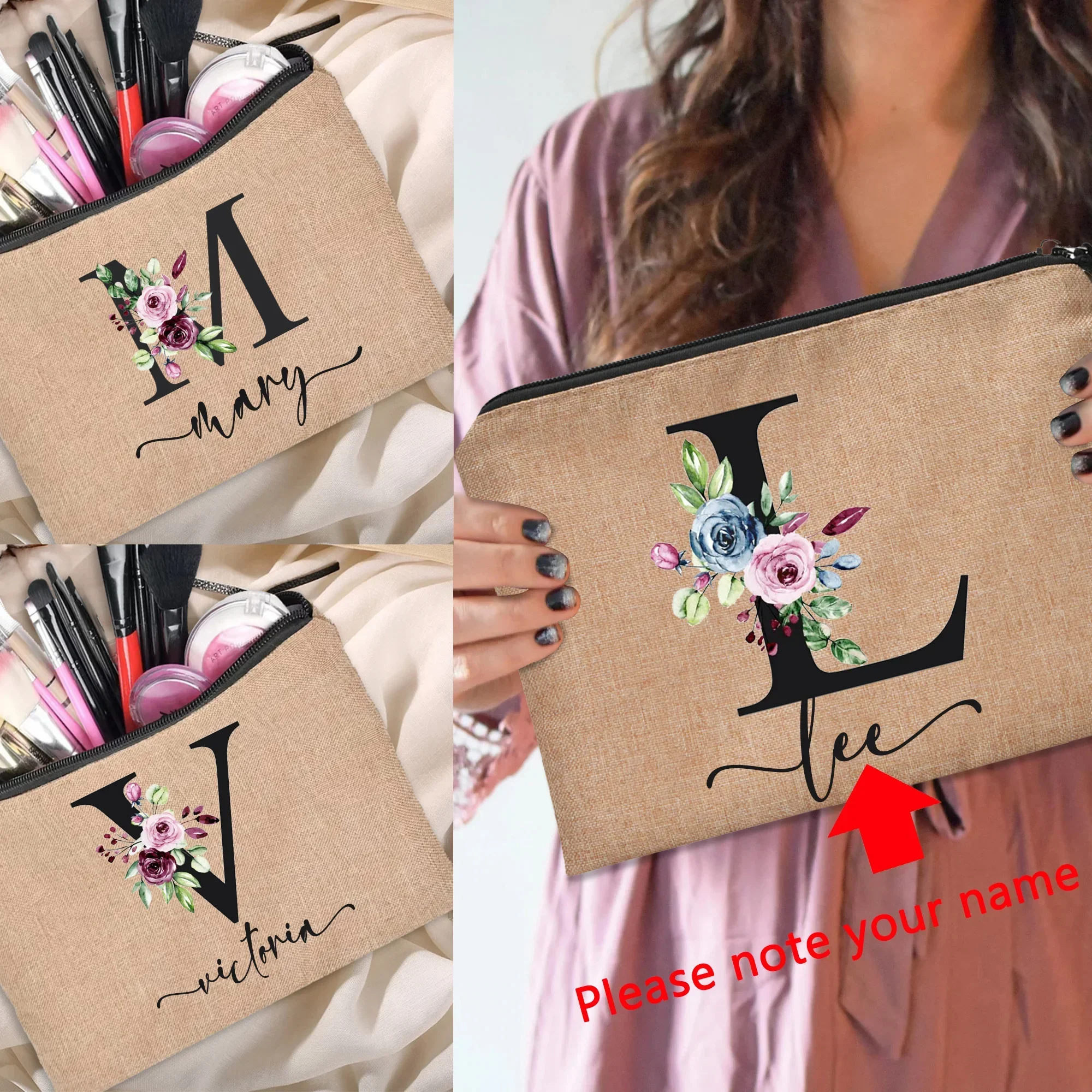 Customized Personalized Name Linen Makeup Bag Bachelor Party Lipstick Bag Bridesmaid Clutch Cosmetic Bag Outdoor Travel Beauty