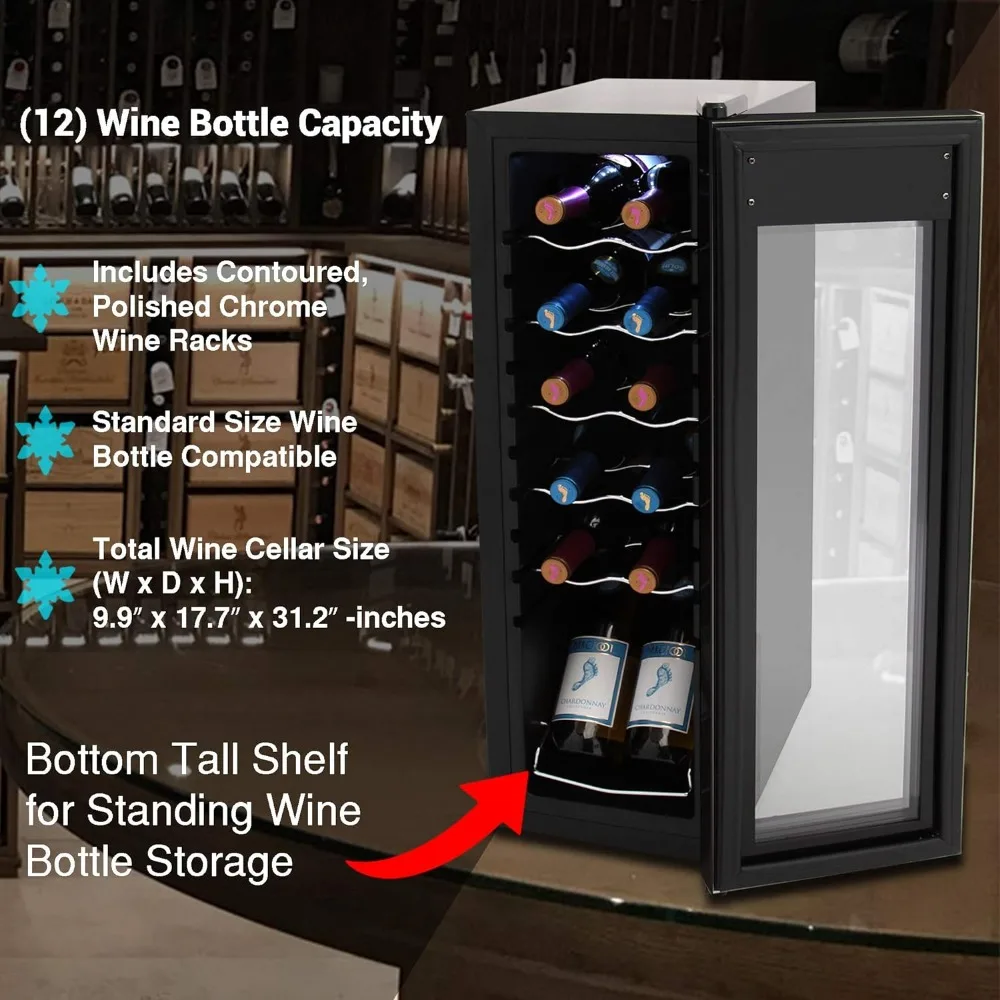 White & Red Cooler-Freestanding Countertop Compact Mini Wine Fridge Chiller 12 Bottle Capacity, Digital Control, Glass Door