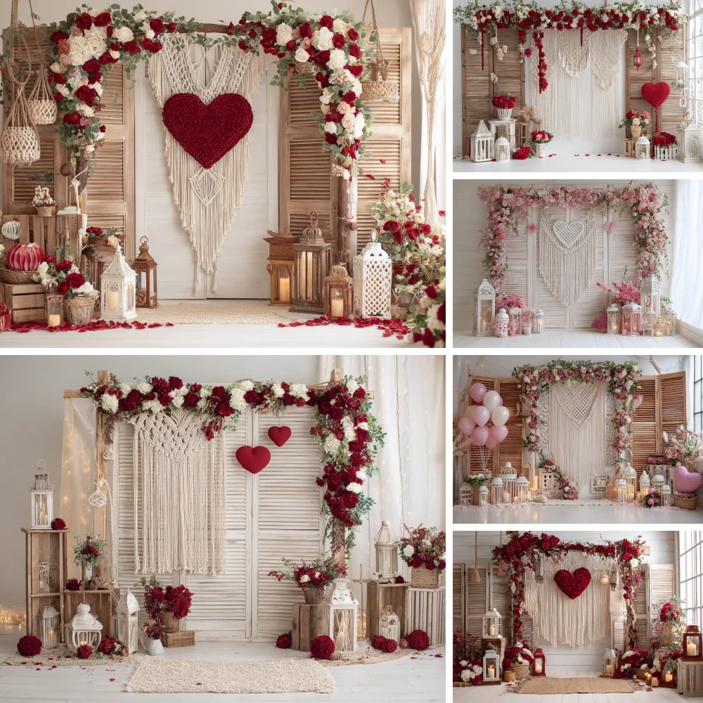 

Boho Valentine's Day Backdrop Macrame Heart Pampas Grass Decor For Romantic Couple Photography Studio Background Decoration