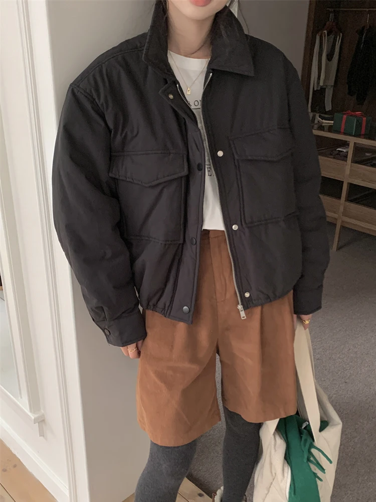 

Корейская женская хлопковая куртка, теплая модная зимняя верхняя одежда с дизайном хлеба, хлопковое пальто с воротником, длинное пальто...