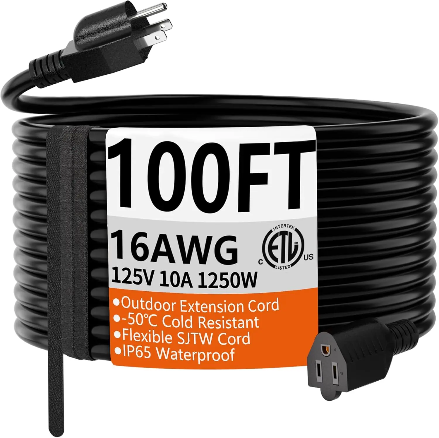 

100 FT 16 Gauge Black Indoor Outdoor Extension Cord Waterproof, Flexible Cold Weather 3 Prong Electric Cord Outside, 1