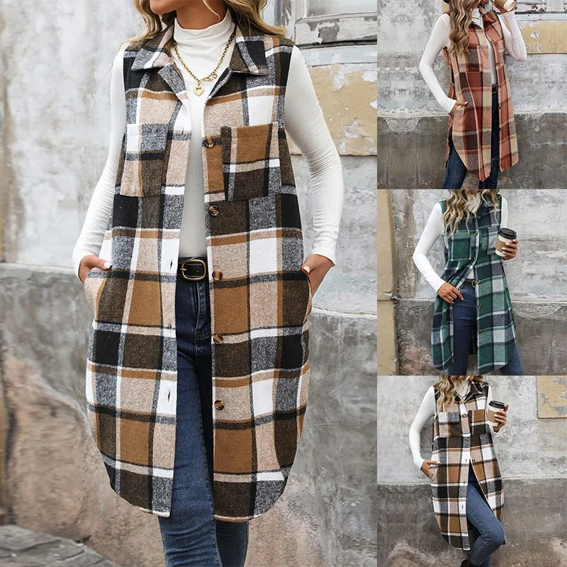 

Trendy Long Plaid Shirt Jacket Vest for Women Autumn Fashion Independent Station Best Selling Cross Border Turn Collar