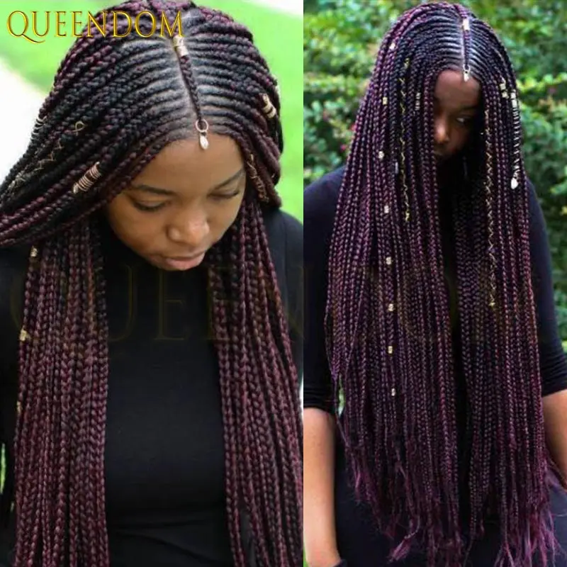 

Burgundy Cornrow Braids Synthetic Lace Wig Knotless Box Braid African Hair Wig Full Lace Frontal for Black Women