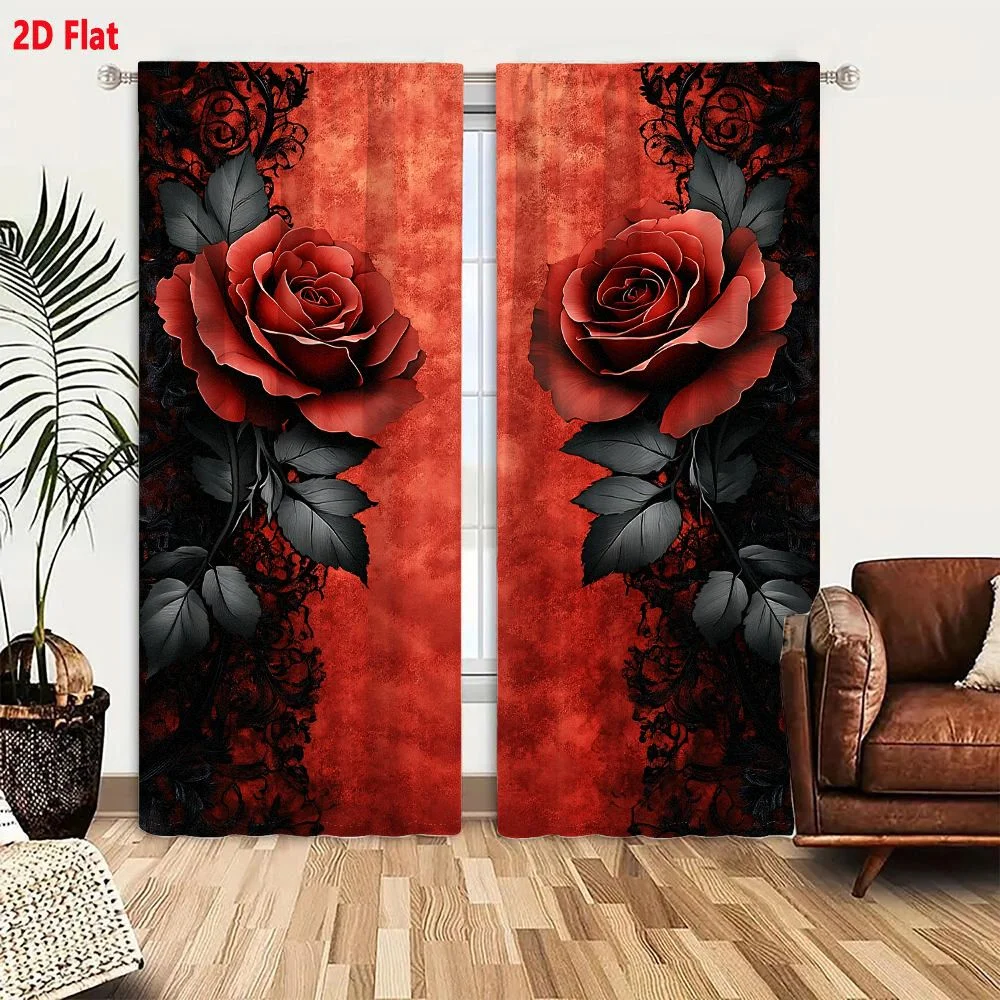 2Pcs Curtains 2D Flat Symmetrical Gothic Roses With Black Lace Filigree On Textured Deep Red Background Window Drapes for Bedroo