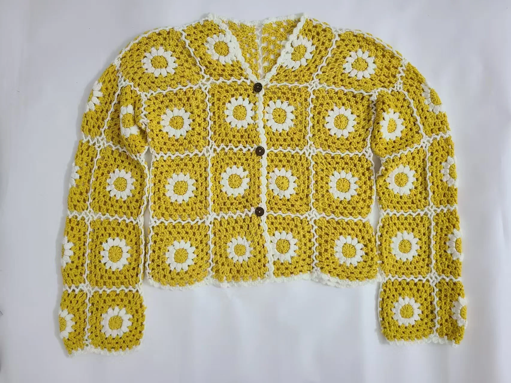 TIYIHAILEY Free Shipping Knitting  Single Breasted Coat Women Hand Made Yellow Outerwear Full Sleeve Flower Custom Made Cardigan