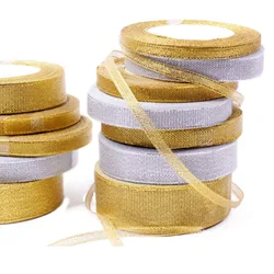 22metes /lot Width6-50mm Gold/Silver Organza Silk Satin Ribbons for Crafts Bow Handmade Gift Wrap Party Wedding Decorative