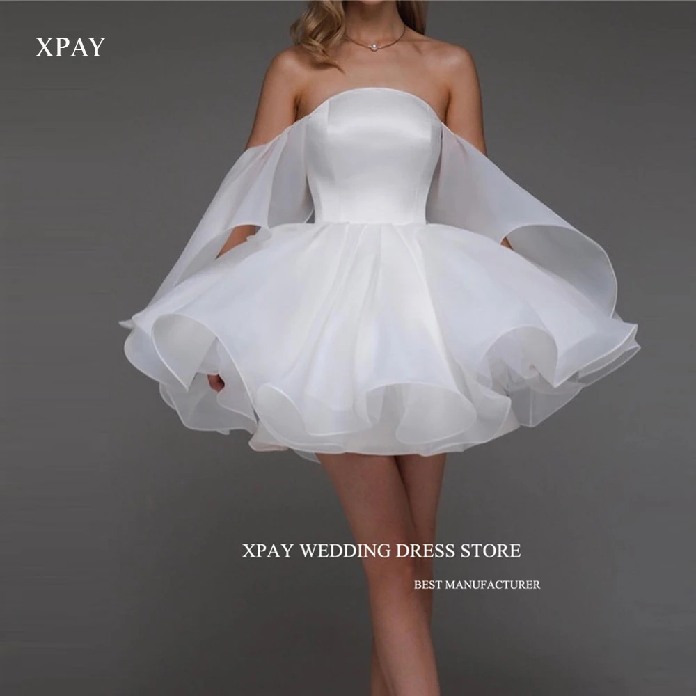 

XPAY Puff White Short Wedding Party Dresses Long Sleeves Off the Shoulder Silk Organza Mini Prom Gowns Cocktail Dress Women