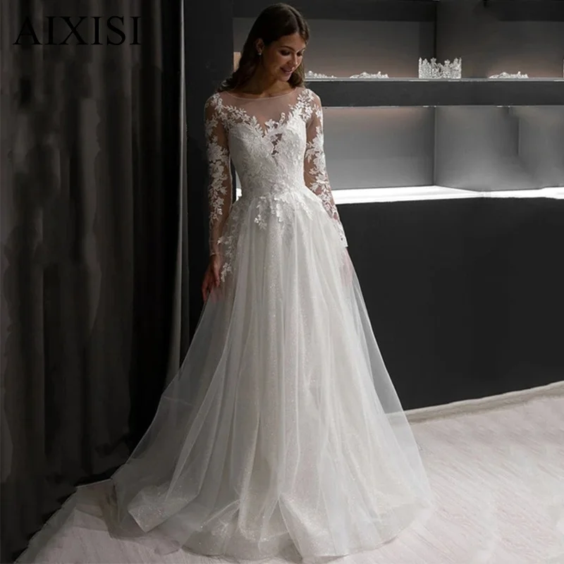 

Exquisite Wedding Dress Lace Appliques Women's Ceremony Dress For Wedding A-Line Full Fleeves Embrayed Organization and Tulle