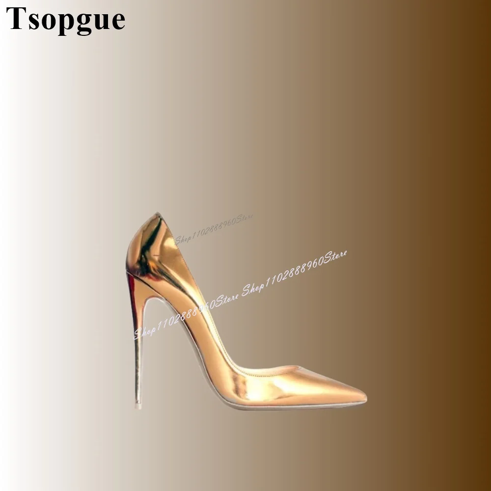 Shallow Golden Metallic Leather Side Empty Pumps Thin High Heel Women Shoes Slip-On Pointed Toe 2024 Fashion Zapatos Para Mujere