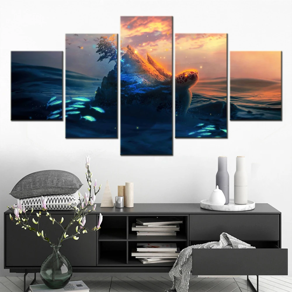 

5 Pieces Canvas Wall Arts Animals Poster Painting Sea Turtle Surreal Wallpaper Modern Home Decorative Picture Print For Bedroom