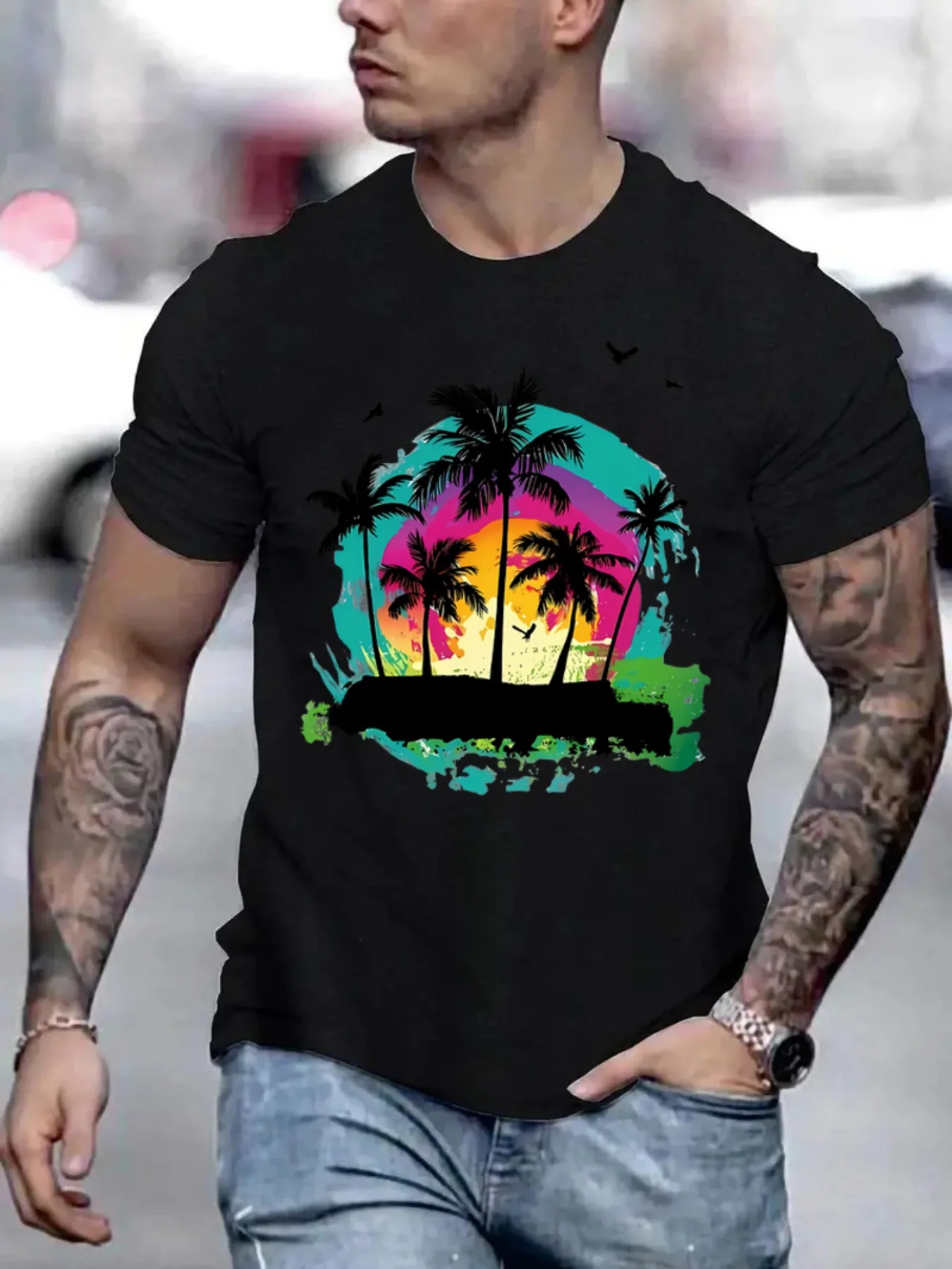 Camiseta masculina verão casual manga curta camiseta estampa tropical estampada