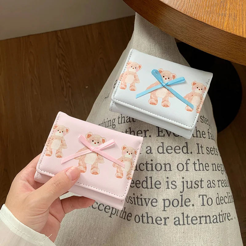 Portefeuille court en forme d'arc pour femmes, portefeuille porte-cartes à changement ample multifonctionnel à trois volets pour étudiantes, dessin animé et mignon