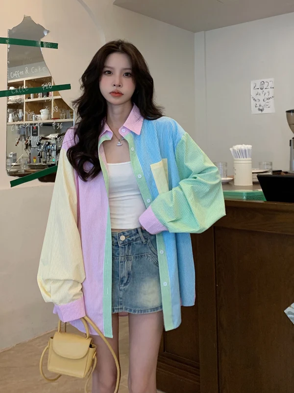 Sweet Candy Color Block Stripe Long Sleeve Shirt Women's Spring Autumn New Style Commute Korean Loose Fit Breathable Shirt - view 3