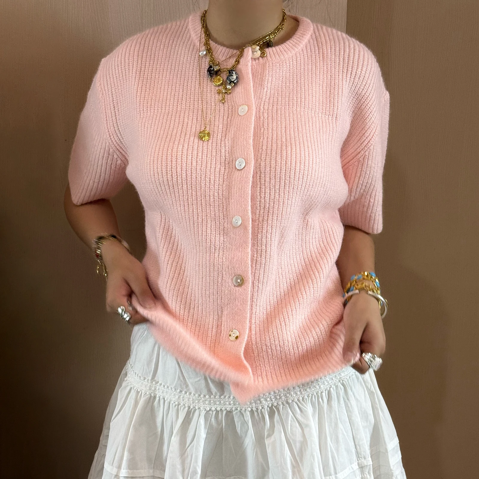 

hirigin Women's Button Down Knit Sweater Casual Short Sleeve Round Neck Solid Color Loose Cardigan Tops Y2k Streetwear
